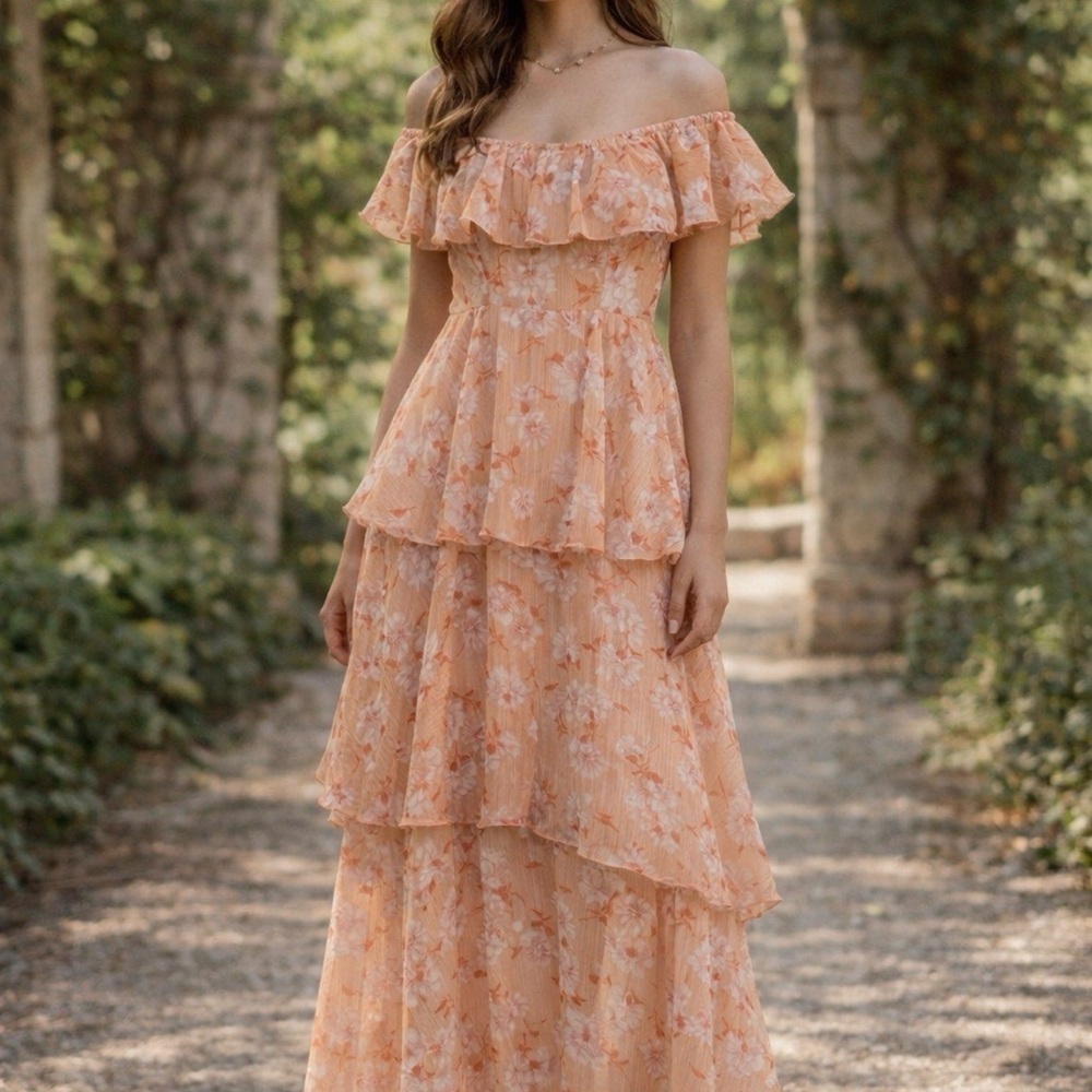 Vintage 70s Maxi Tiered Women’s Small Pink Floral Ruffle Off Shoulder Coquette